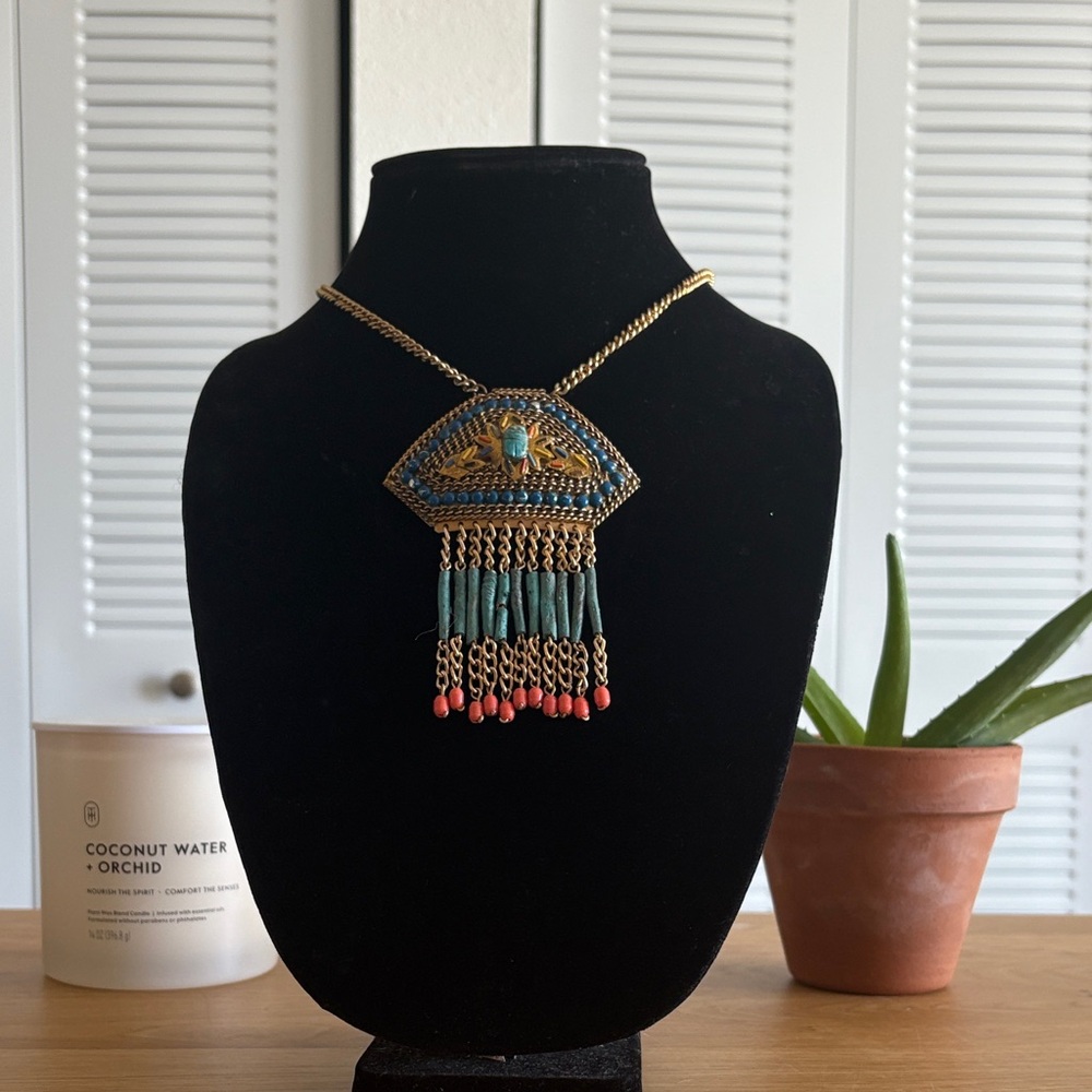 Egyptian Revival Enamel Natural Stone Scarab Chain Pendant